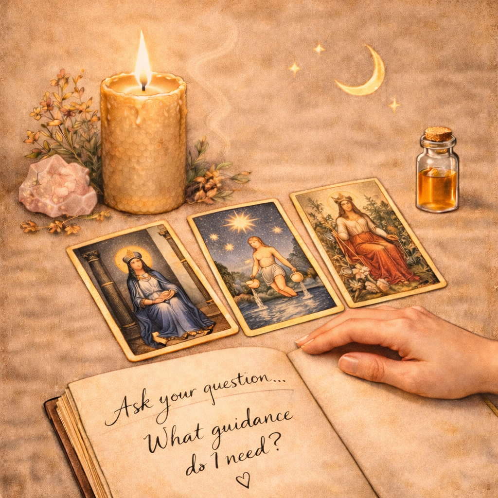 Ritual candle, tarot, and journal
