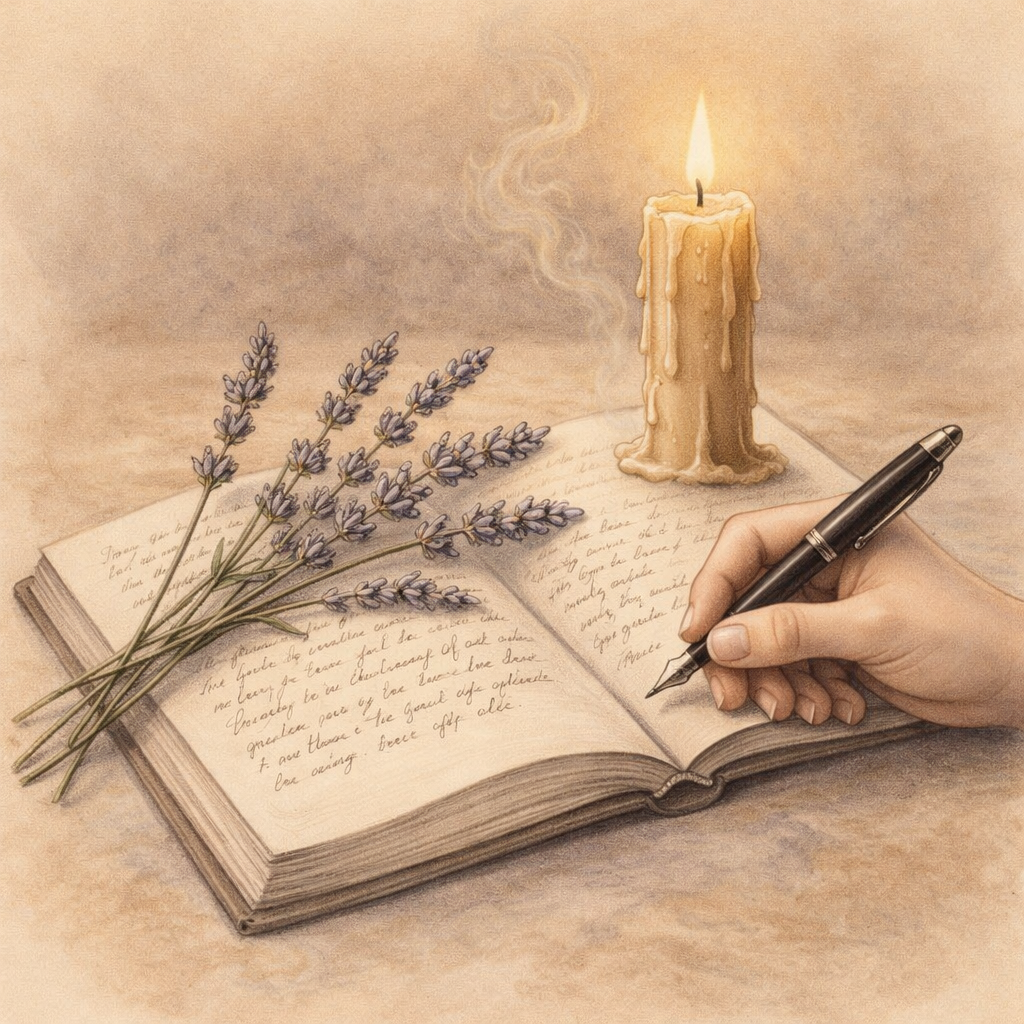 Open journal with handwritten pages, beeswax candle, and dried lavender